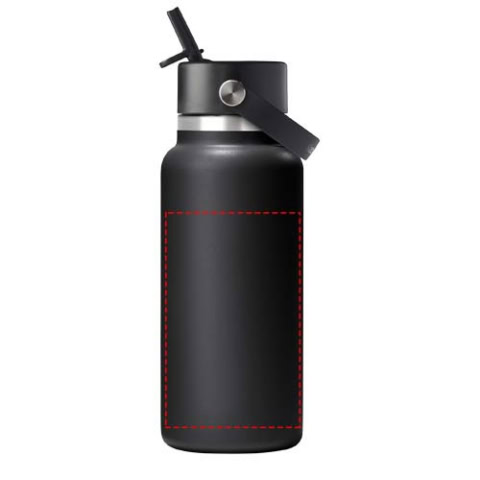 Schwarze Edelstahl Trinkflasche mit Strohhalmverschluss.