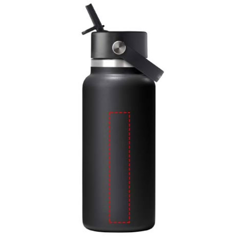 Schwarze Edelstahl Trinkflasche mit Strohhalmverschluss.