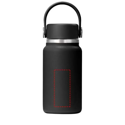 Schwarzer Mini Thermobecher mit Griff, ideal für unterwegs.