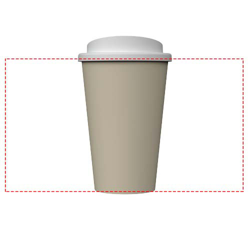 Isolierbecher mit weißem Deckel und beige Körper, ideal für heiße Getränke.