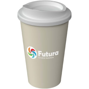 Trinkbecher mit Logo-Futura und weißem Deckel.