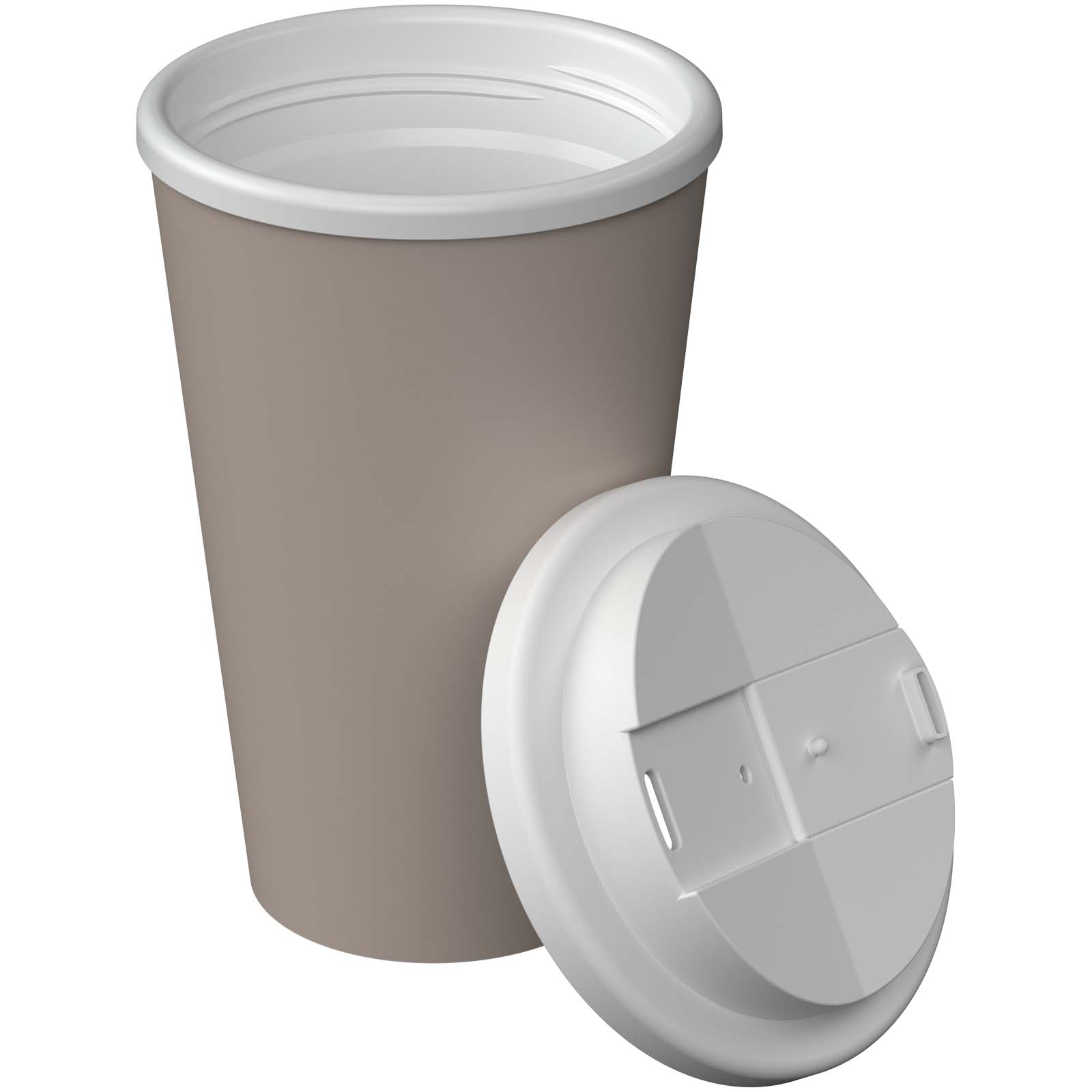 Trinkbecher mit auslaufsicherem Deckel für unterwegs.