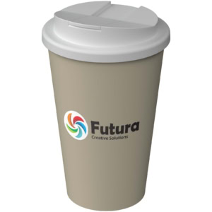 Isolierbecher mit Futura Logo und auslaufsicherem Deckel.