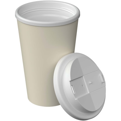Trinkbecher mit auslaufsicherem Deckel, ideal für unterwegs.