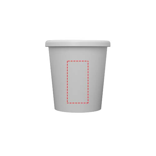 Weißer Becher mit Deckel, ideal für Getränke unterwegs.