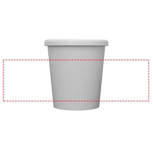 Weißer Becher mit Deckel, ideal für Getränke unterwegs.