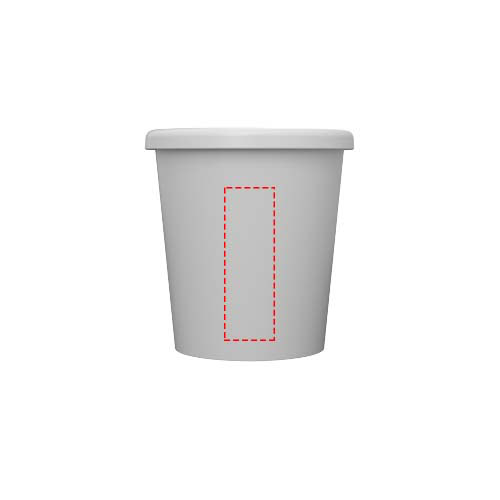 Weißer Becher mit Deckel, ideal für Getränke unterwegs.