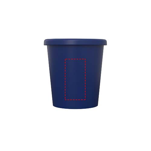Blauer Becher mit Deckel, ideal für Getränke unterwegs.