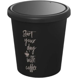 Schwarze Trinkflasche mit Aufschrift "Start your day with coffee".