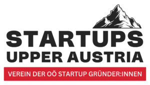 Logo-Trinkflaschen Logo mit Bergsilhouette und Startup Upper Austria Text.