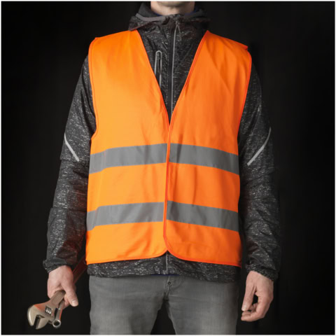 Logo-Trinkflaschen Neonorange Warnweste mit Reflexstreifen für Sicherheit.