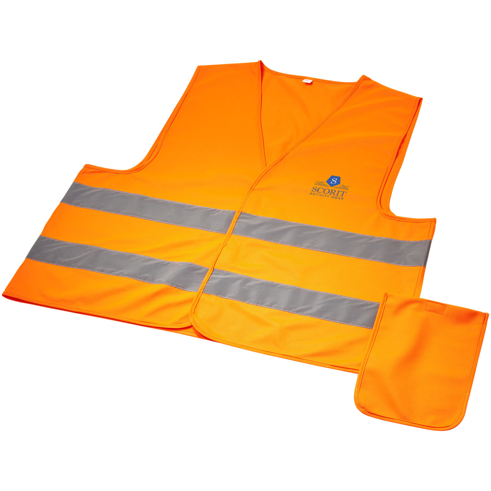 Neonorange Warnweste mit reflektierenden Streifen und Beutel.