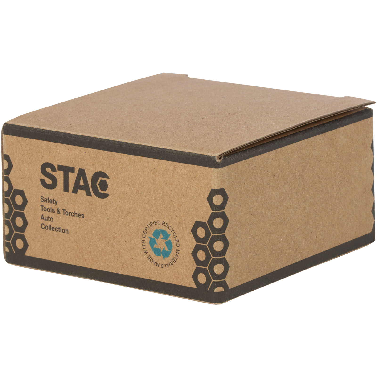 Logo-Trinkflaschen Kartonverpackung mit STAC-Logo und Recyclingzeichen.