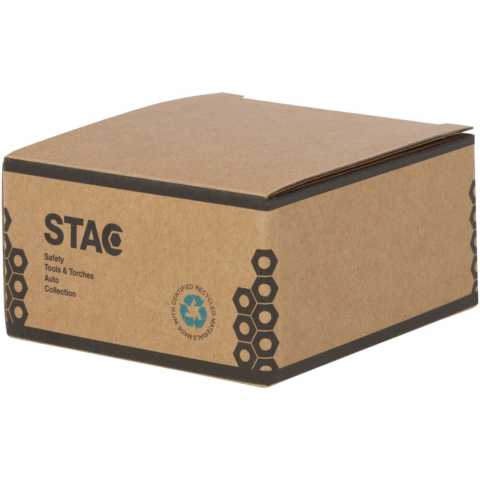 Logo-Trinkflaschen Box aus Karton mit STAG Branding.