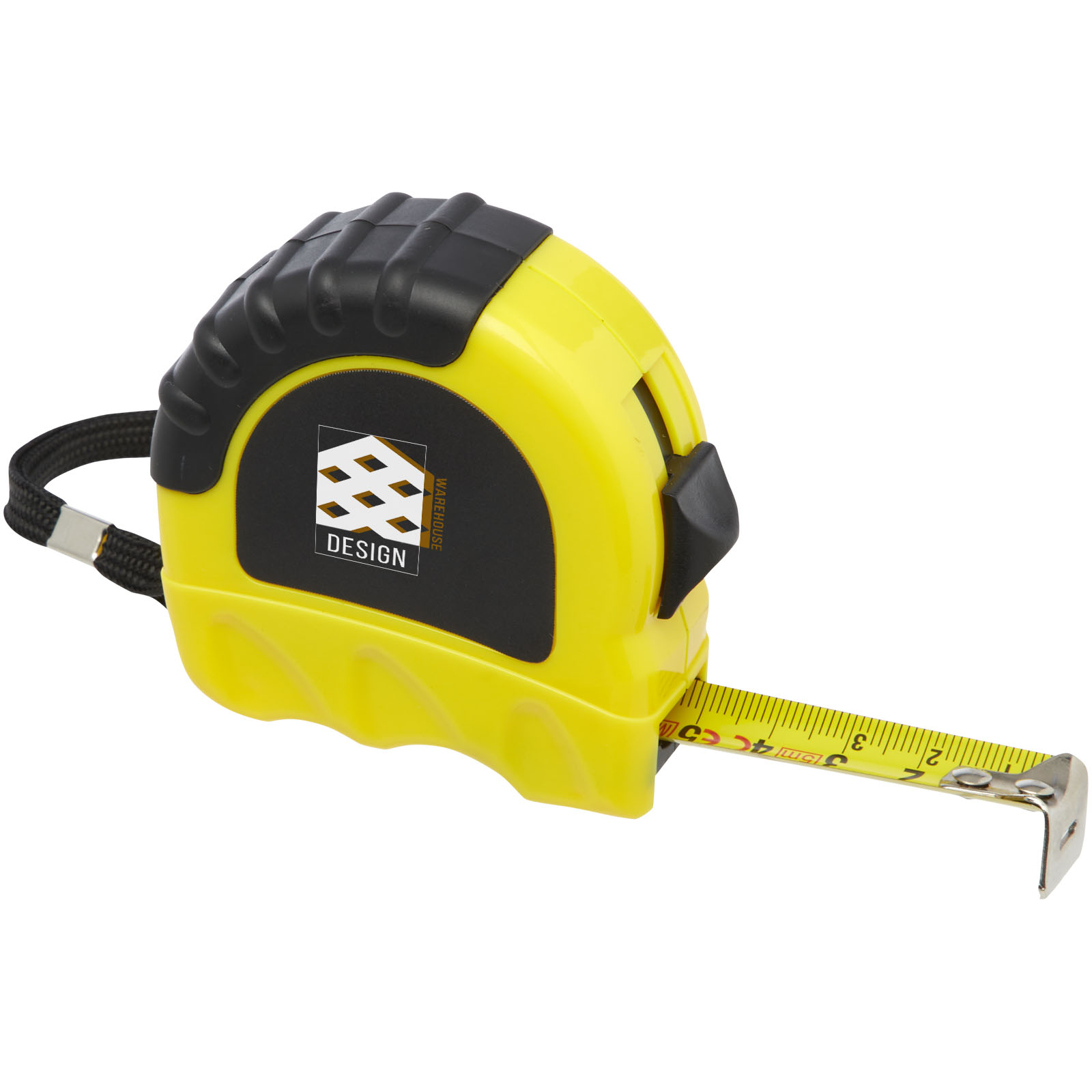 Gelbes Maßband Gehäuse mit schwarzem Griff und HUD-Logo.