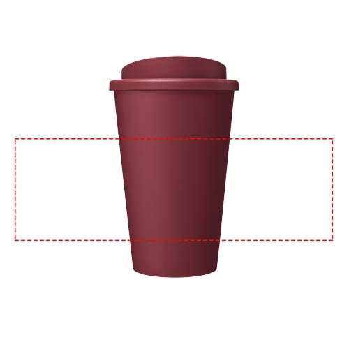 Bordeauxfarbener Isolierbecher mit Deckel, 350 ml Fassungsvermögen.