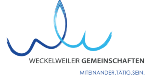 Logo-Trinkflaschen Weckelweiler Gemeinschaften Symbol mit blauem Wassertropfen-Design.